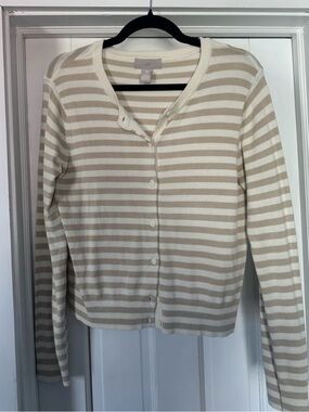 H&M Cream and Beige Striped Button-Up Cardigan